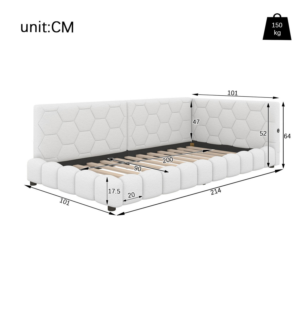 POLSTERBETT aus Samt 90x200 cm in Weiß mit LED & USB-C-Anschluss - Weiß, Textil (90/200cm) - Modfu