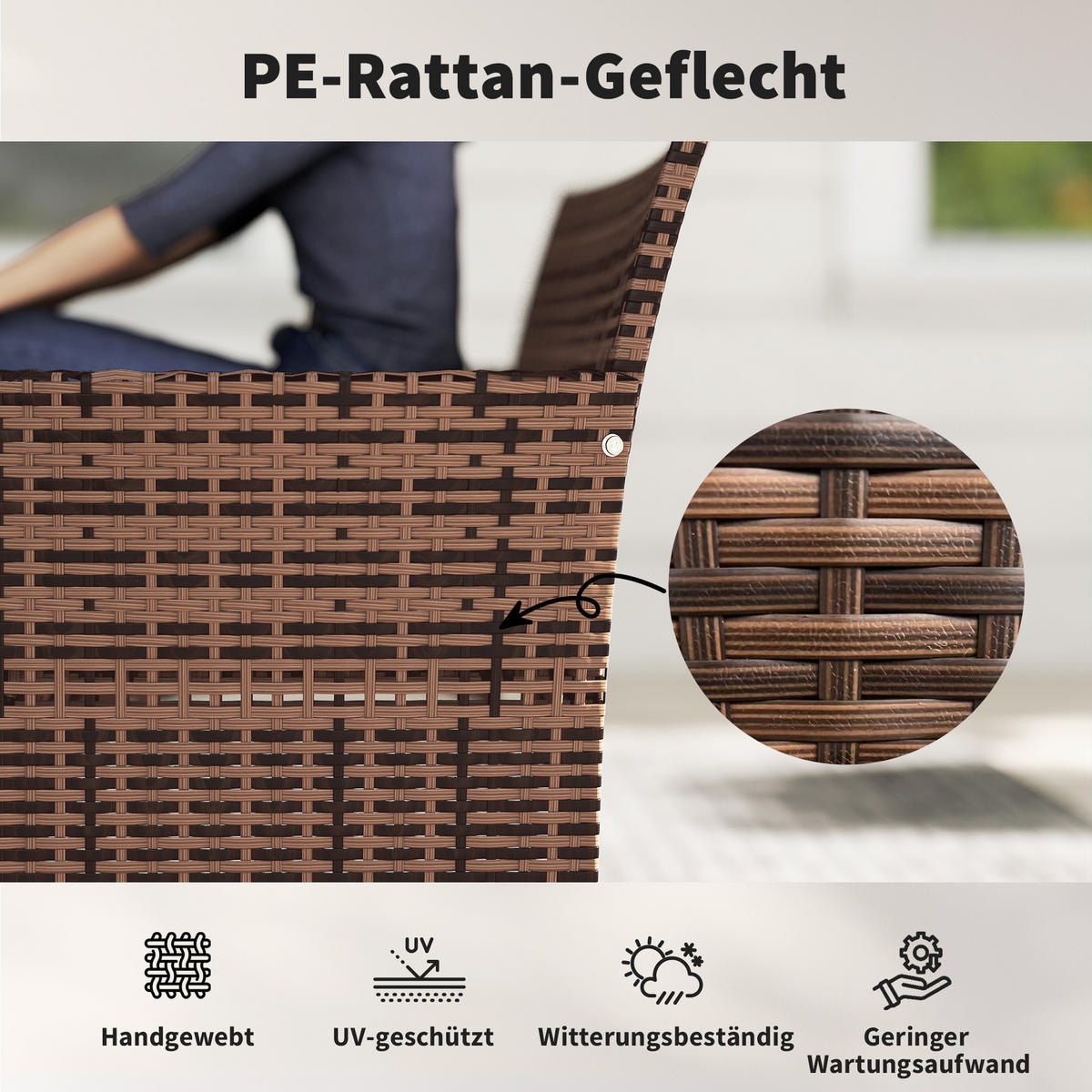 GARTENBANK aus PE-Rattan mit Auflage, Khaki - Beige/Schwarz, Textil/Metall - Outsunny