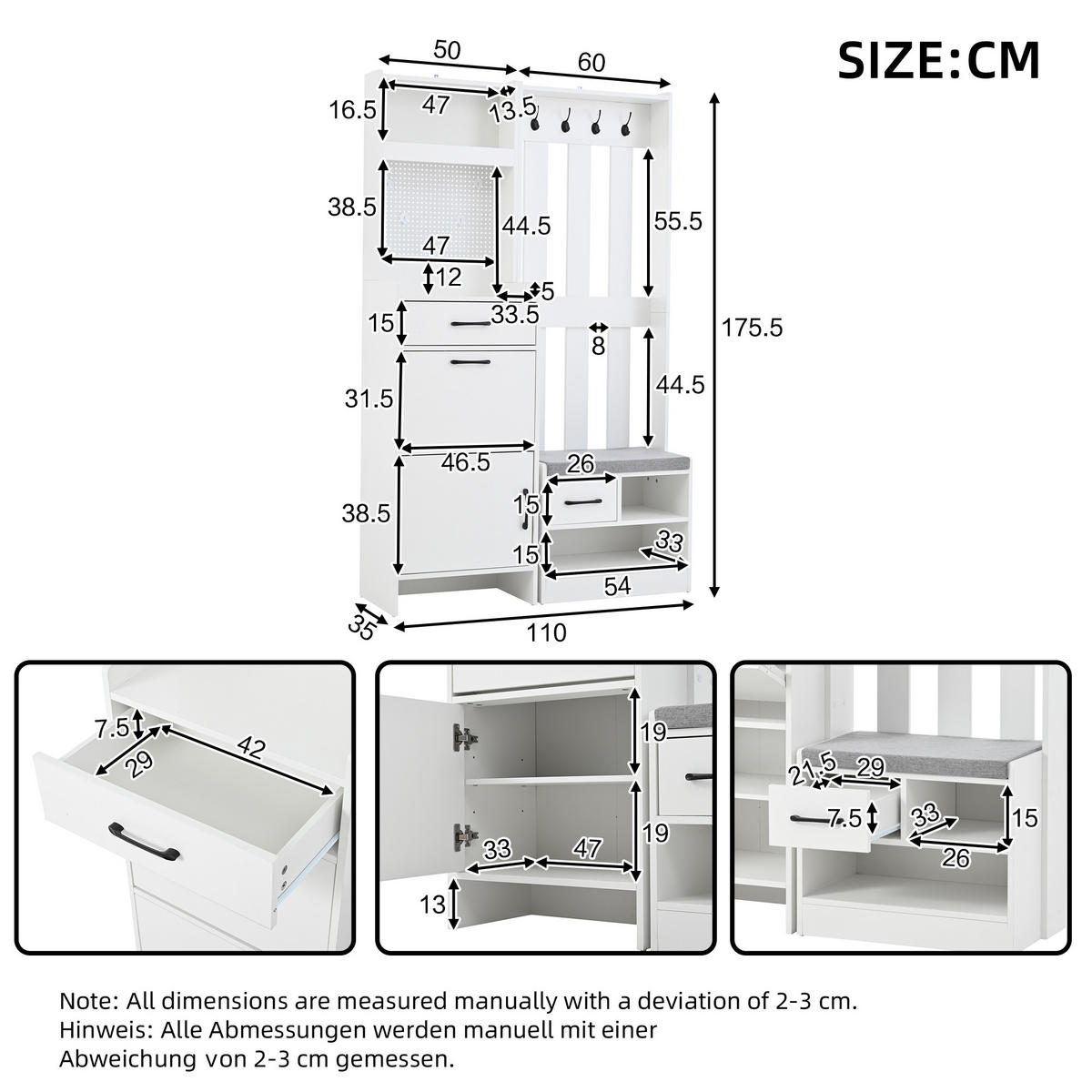 STANDGARDEROBE mit 7 Haken, Sitzbank und Schuhschrank in Weiß 110/35/175,5 cm - Weiß, Holzwerkstoff (110/175.5/35cm) - BEAOK
