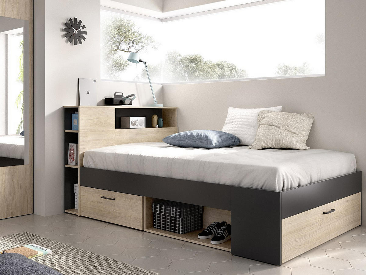 BETT mit Kopfteil, Stauraum & Schubladen - 120 x 190 cm - Holzfarben & Anthrazit - LEANDRE - Anthrazit, Holz (129.6/217.3cm) - Vente-Unique