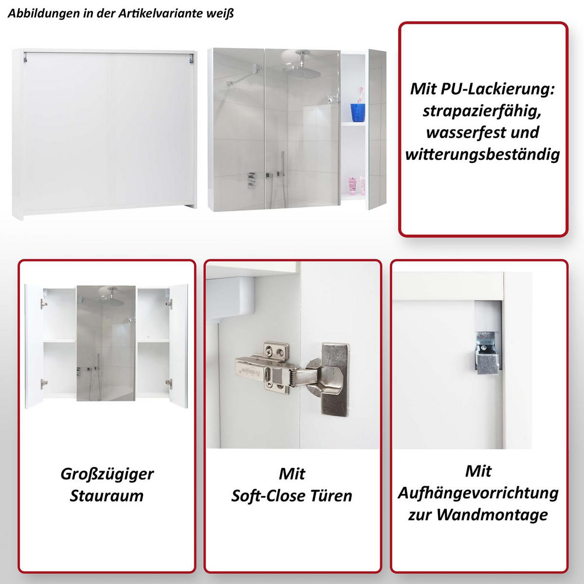 SPIEGELSCHRANK B19B Hochglanz Reinweiß - Weiß Hochglanz, Holz (80/70/16cm) - MCW