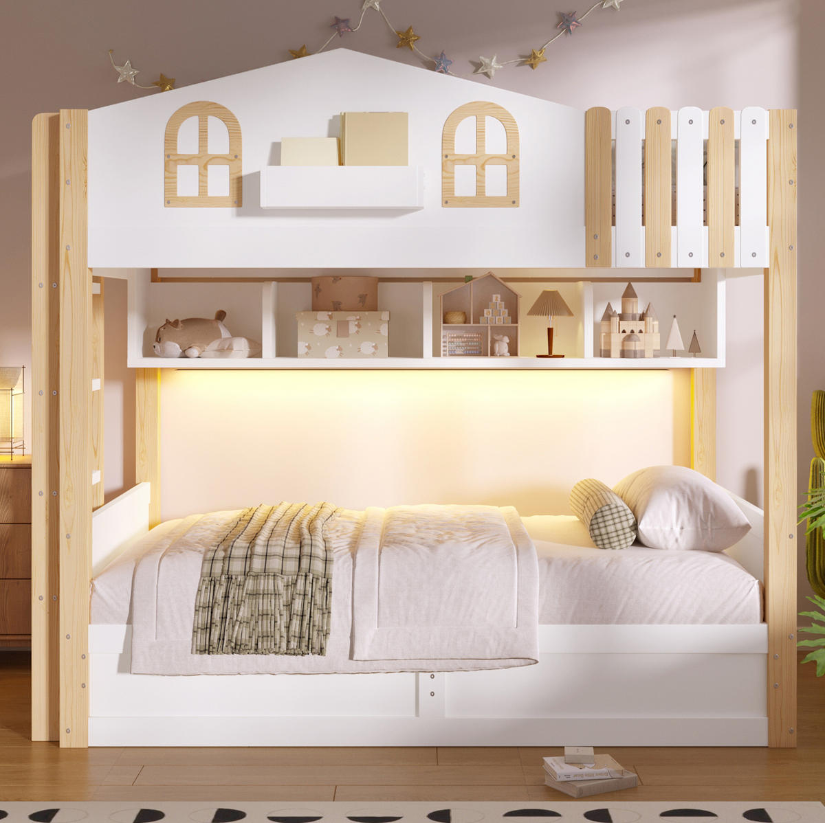 ETAGENBETT 90/200 cm aus Kiefer und MDF mit LED, Weiß/Natur - Eichefarben, Holzwerkstoff (90/200cm) - OKMYHOME