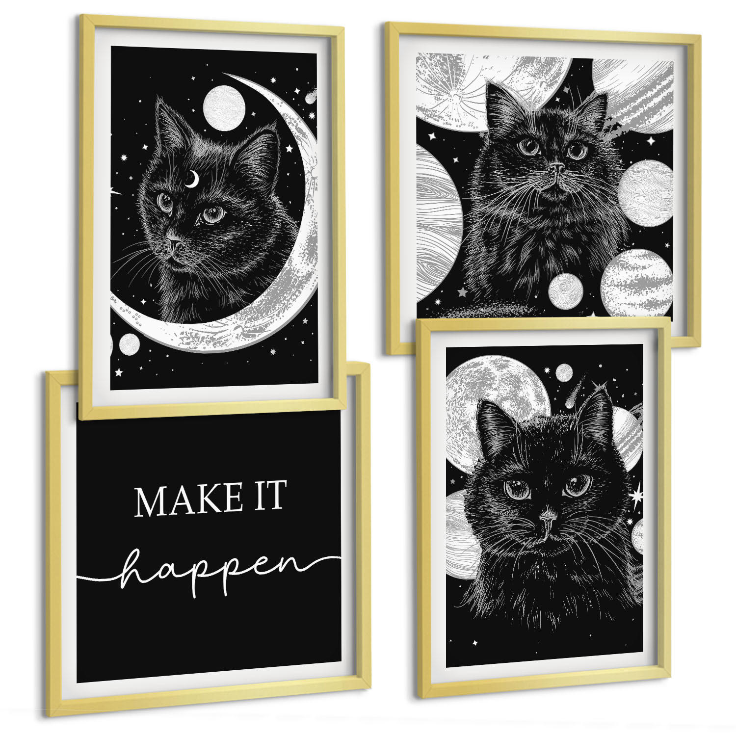 BILDER SET 4er Set - 50x50 cm & 40x60 cm Goldrahmen - Schwarze Katzen, Mond, Planet - Goldfarben, Kunststoff (50/50cm) - TULUP