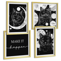 BILDER SET 4er Set - 50x50 cm & 40x60 cm Goldrahmen - Schwarze Katzen, Mond, Planet - Goldfarben, Kunststoff (50/50cm) - TULUP