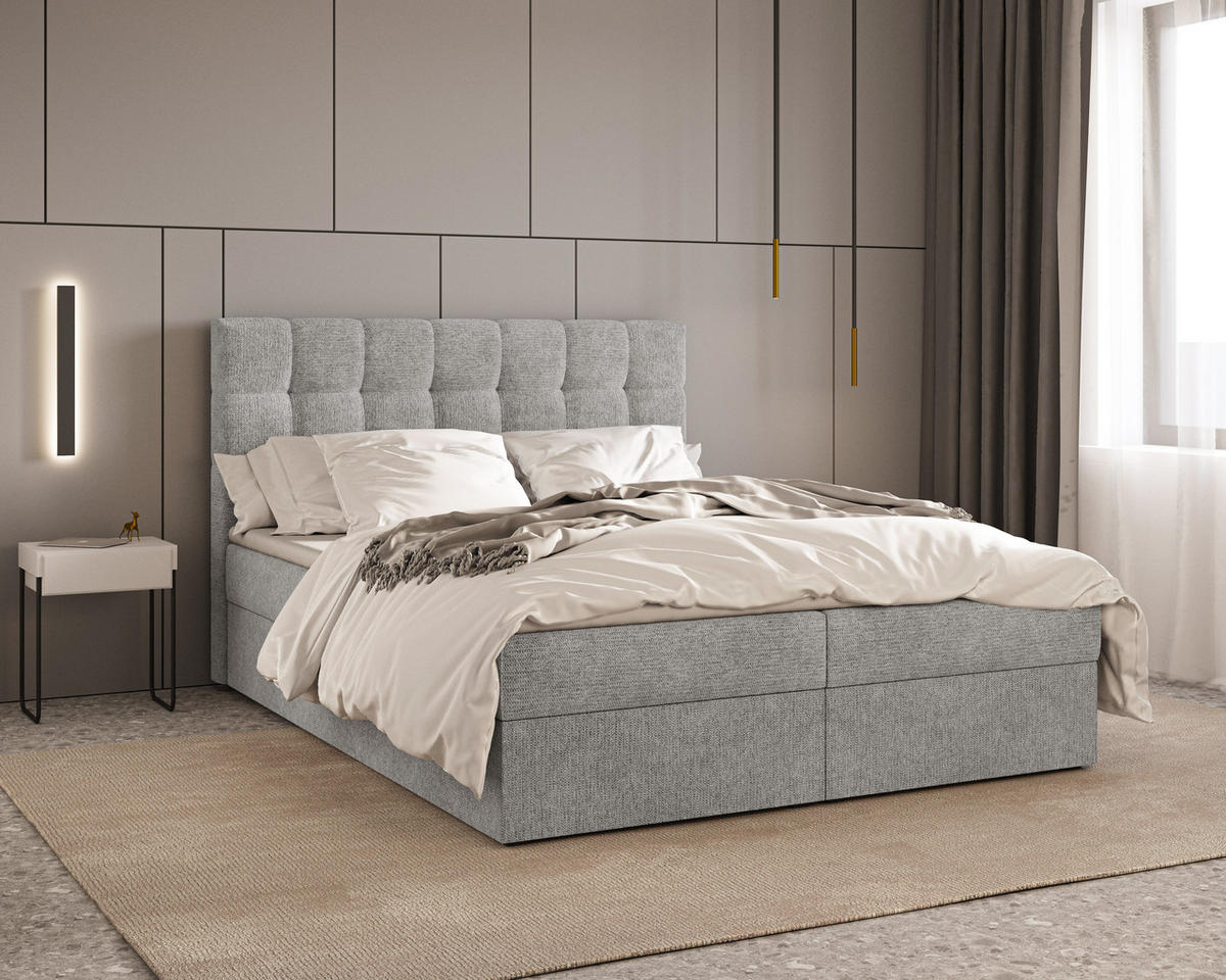 BOXBETT - Bett 05 OSLO - Aragon - 140x200 cm - mit Bettkasten und Komfort-Topper - Hellgrau, Holz (140/200cm) - ROYAL24_MARKT