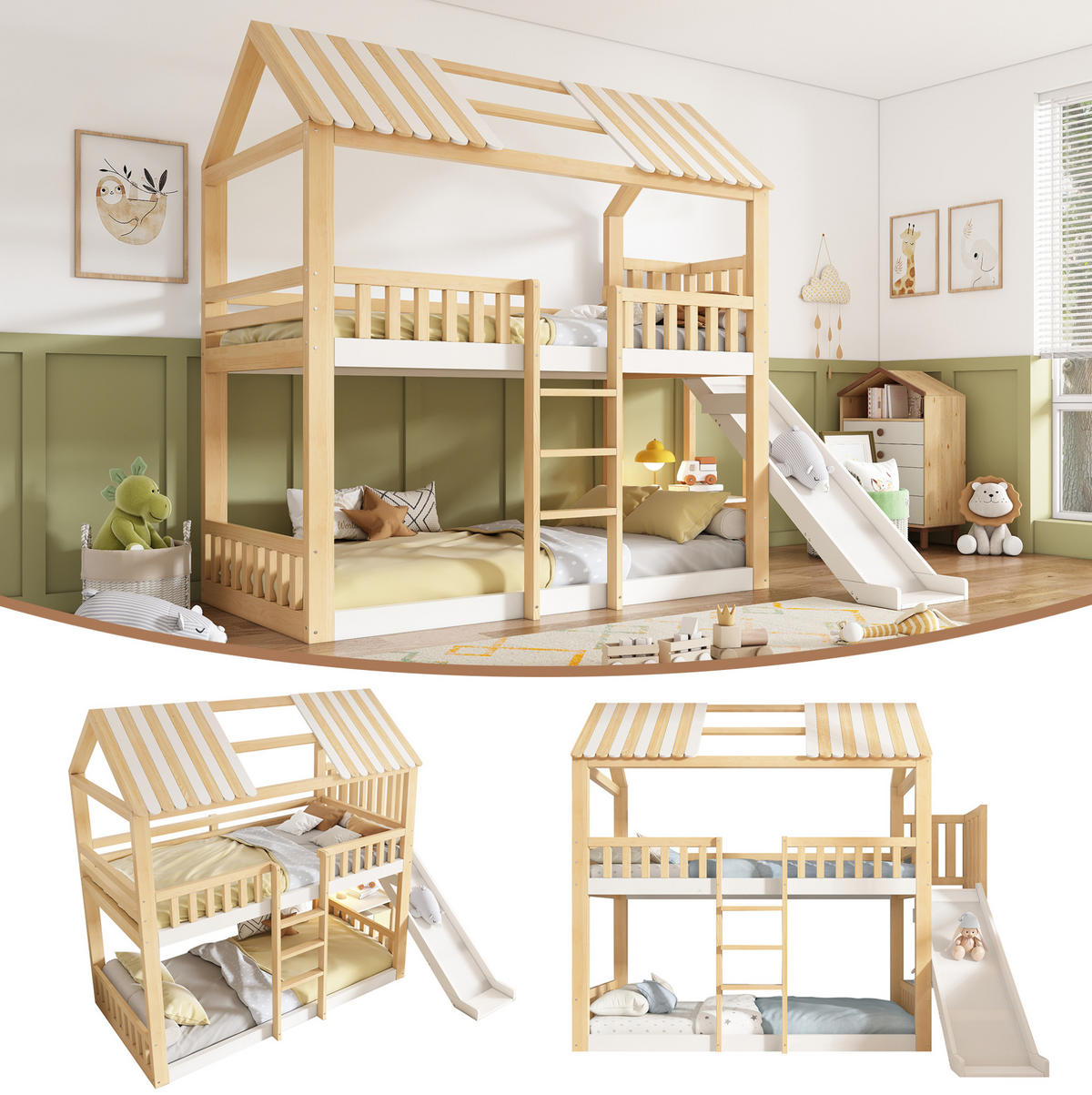 ETAGENBETT 90/200 cm mit Giebeldach, Regal und Rutsche, Weiß/Natur - Naturfarben, Holzwerkstoff (90/200cm) - Redom