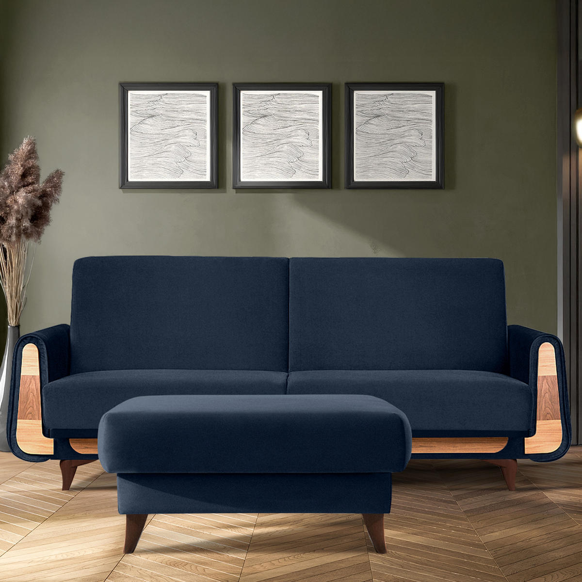 HOCKER GUSTAVO Velours, Dunkelbau - Dunkelblau, Holz/Holzwerkstoff (92/49/92cm) - KONSIMO®