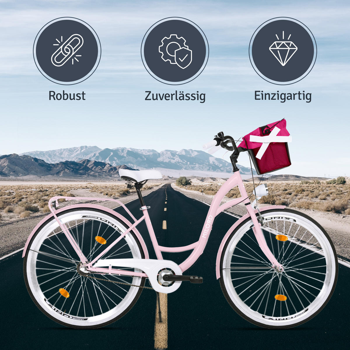 CITY-FAHRRAD Milord mit Metallkorb, 26 Zoll, Rosa, 3-Gang - Pink, Metall (46cm) - Milordbikes