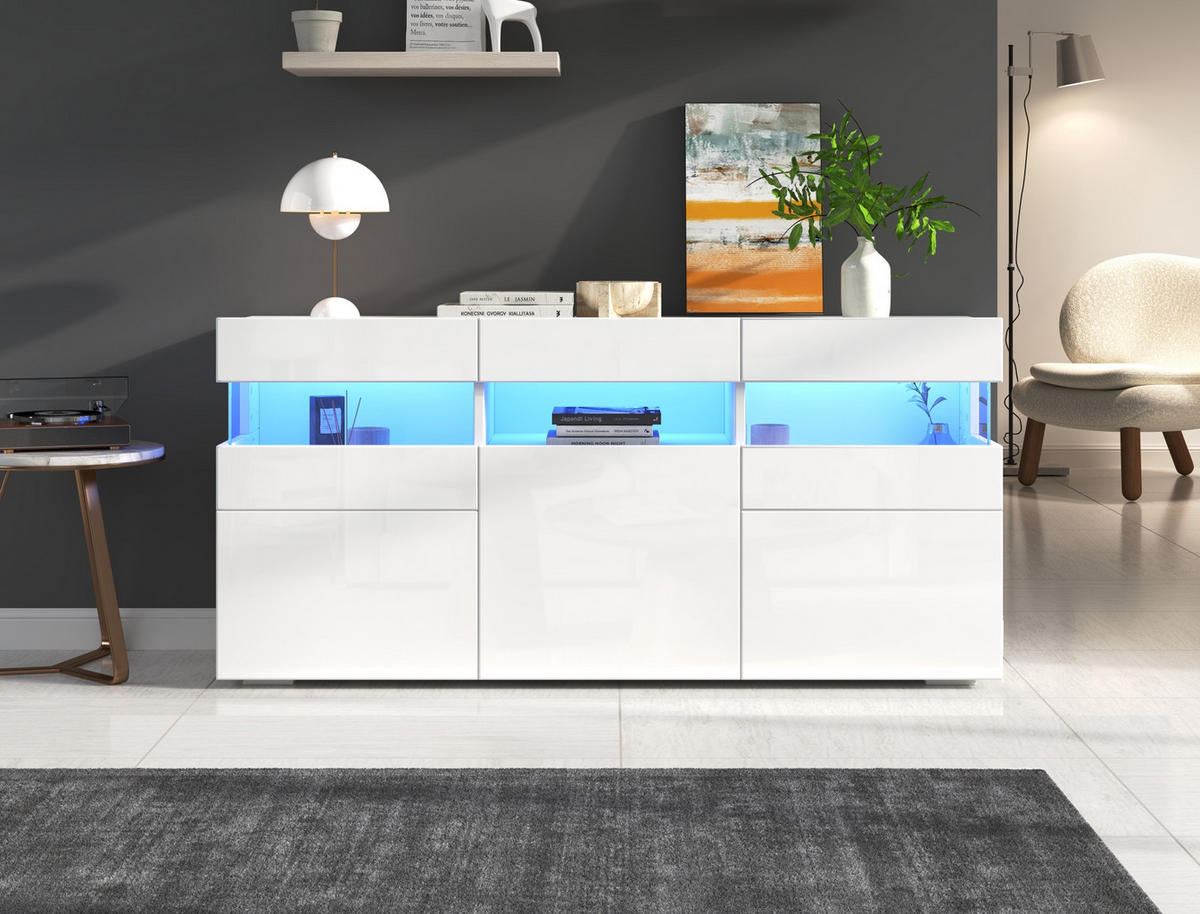 SIDEBOARD 140/40,5/66,5 cm mit 3 Türen, LED-Beleuchtung & Hochglanzfront - Weiß, Holzwerkstoff (140/66.5/40.5cm) - BEAOK
