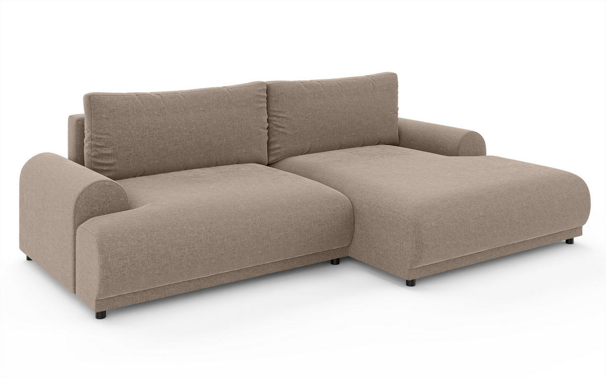 ECKSOFA mit Schlaffunktion, Bettkasten, extrabreite Ottomane rechts, abgerundete Armlehnen, B240/T145/H81 cm, Chenille Hellbraun / 21021 - Hellbraun/Schwarz, Kunststoff/Textil (240/145cm) - luma-home