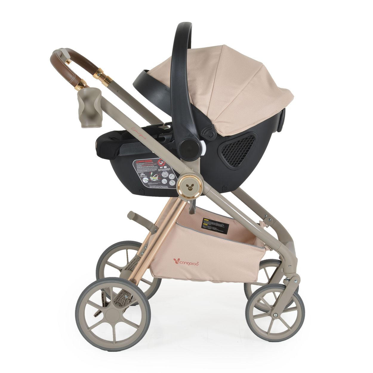 KOMBIKINDERWAGEN Unique 3 in 1 beige Babyschale Stoßdämpfer PU-Räder Tasche - Beige, Metall (75/59/104cm) - Cangaroo