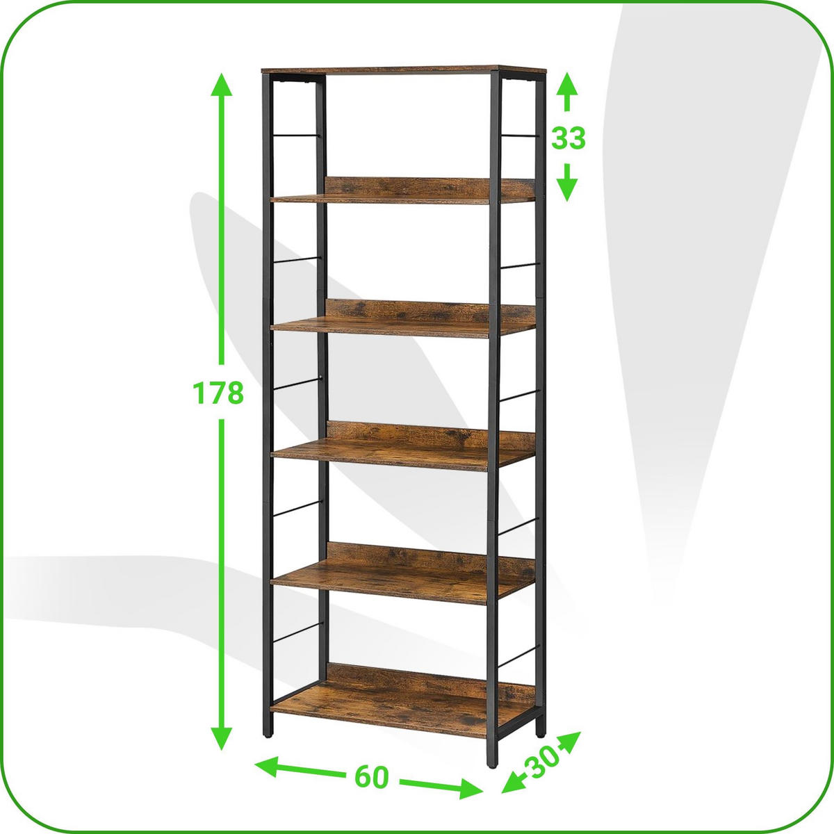 STANDREGAL Holzoptik Metall Dunkelbraun Schwarz 6 Ebenen 178×60×30 cm - Dunkelbraun/Schwarz, Holzwerkstoff/Metall (60/178/30cm) - Begryf