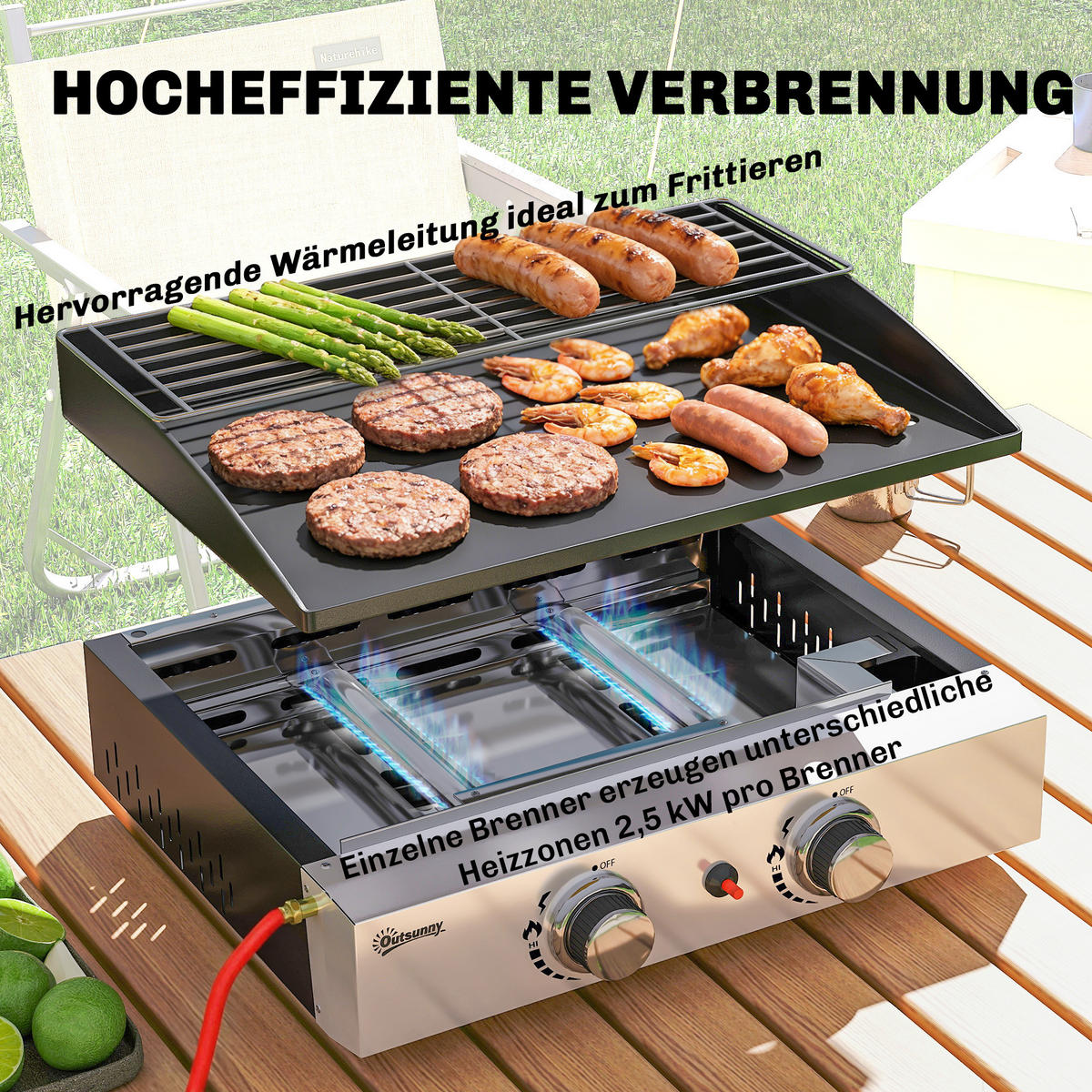 GASGRILL Stahl-Edelstahl Schwarz - Schwarz, Metall (44/21/51.5cm) - Outsunny