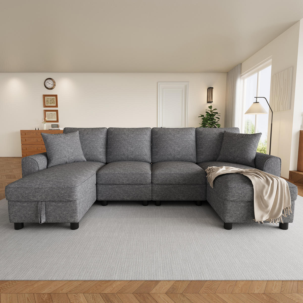 WOHNLANDSCHAFT Chenille Grau mit Stauraum und mit Kissen - Grau, Holzwerkstoff/Kunststoff (280/84/173cm) - WISHDOR