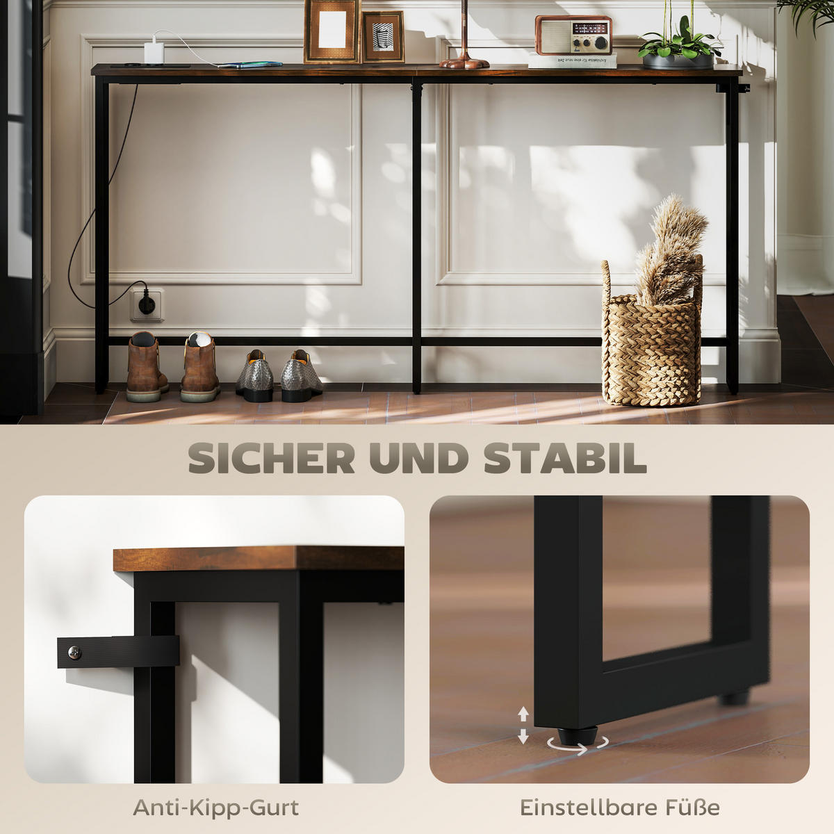 KONSOLENTISCH, Flurtisch mit Integrierte Ladestation, Stahlbeine Rustikal-Braun - Braun, Holzwerkstoff (160/20/80cm) - HOMCOM