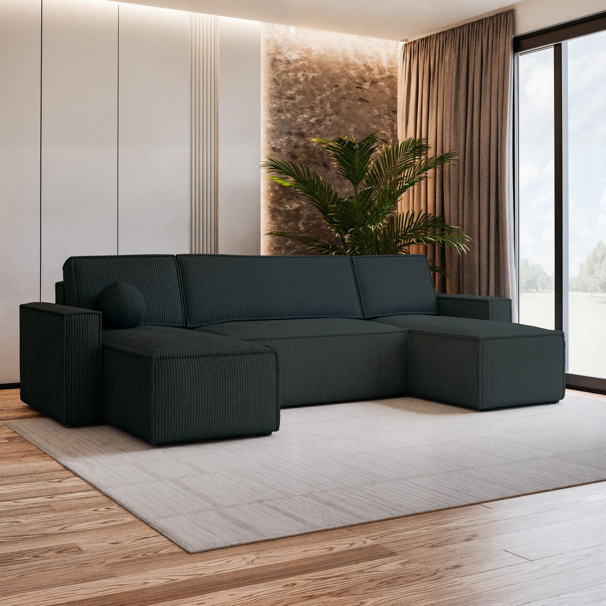 WOHNLANDSCHAFT PESANO P Schwarz Kordstoff mit Schlaffunktion - Schwarz, Holz (306/85/140cm) - MASSENO