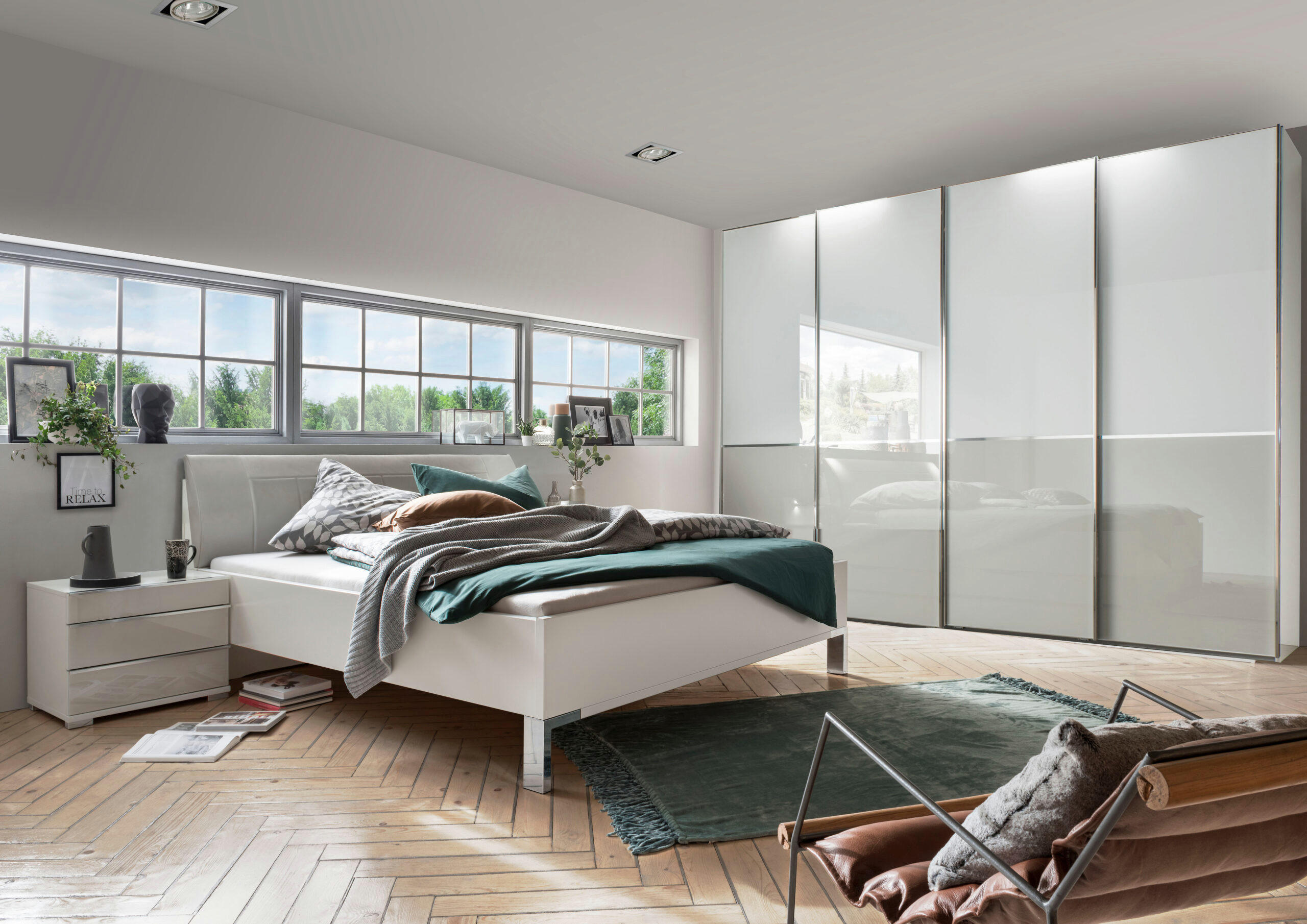 SCHLAFZIMMER Sentara in Weiß mit Glasfronten in Weiß und Kieselgrau 4-teilig mit Schwebetürenschrank - Weiß, Holzwerkstoff (80/200/120cm)