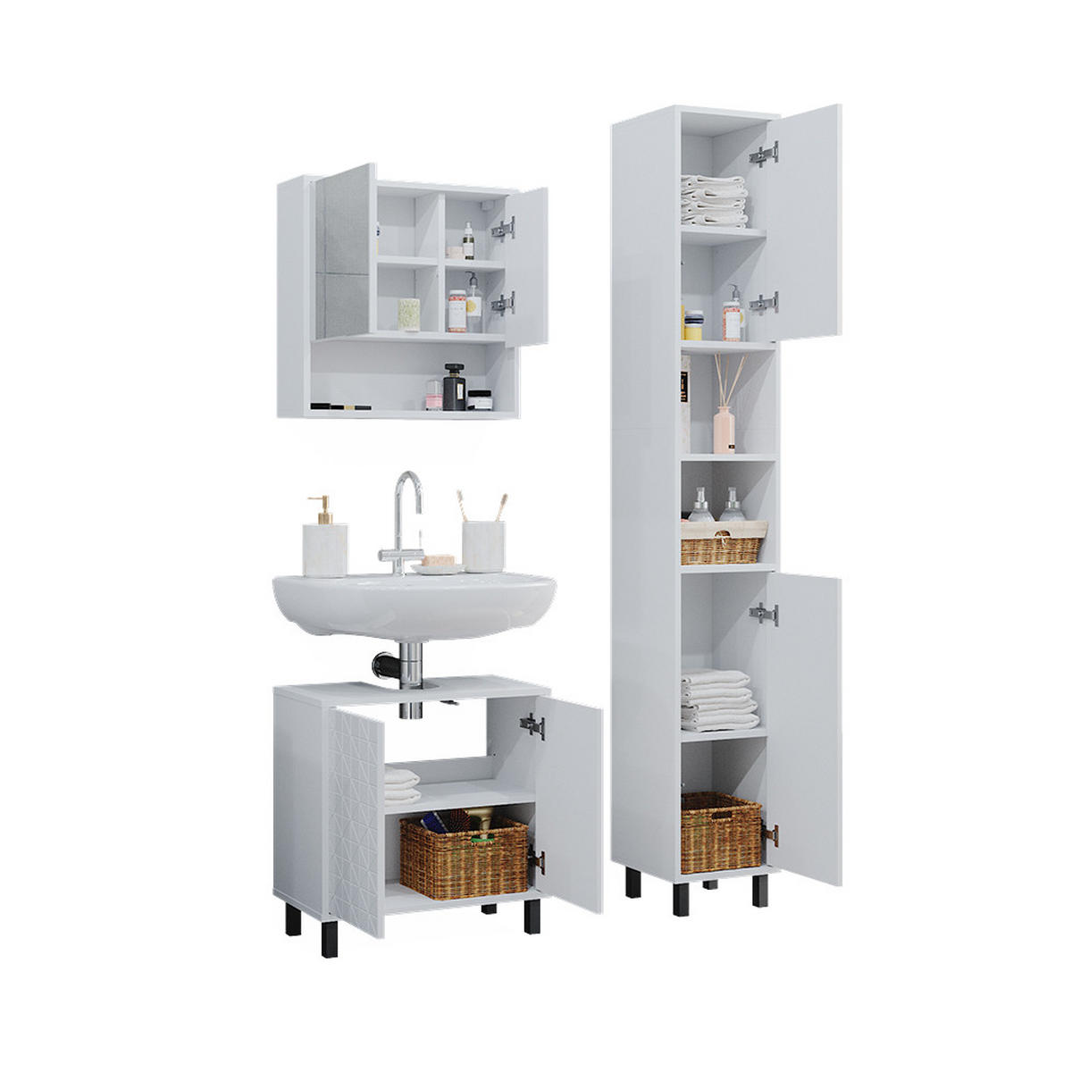 BADMÖBEL-SET Agasta Weiß 3 Teile, mit Hochschrank - Weiß, Holzwerkstoff (56/57/28cm) - Vicco