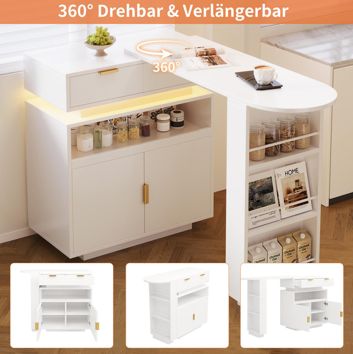 STEHTISCH ausziehbar 115-183 x 40 x 99,5 cm Weiß mit Stauraum - Weiß, Holz (40/99.5/115cm) - Beauniv