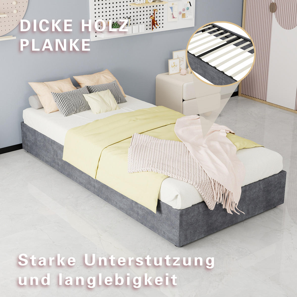 KINDERBETT 90/200 cm in Grau mit Bettkasten, Cartoon-Kopfteil und Stoff - Grau, Holzwerkstoff/Textil (90/200cm) - STILVORA