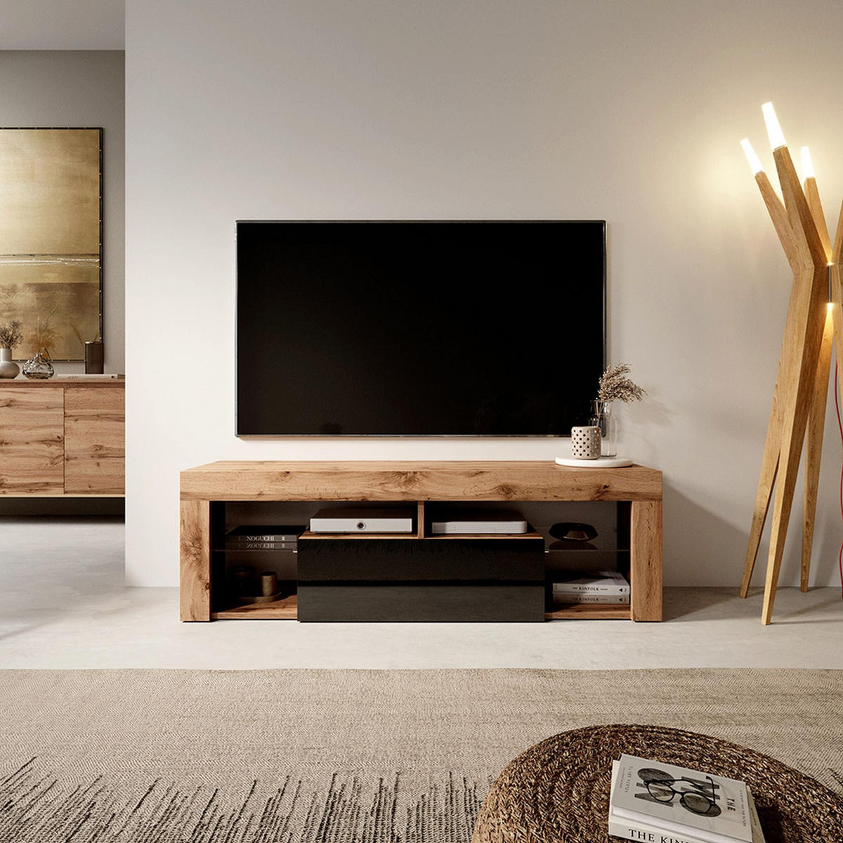 TV-LOWBOARD Bianko Eiche / Schwarz 140/50/35 cm - Eichefarben/Schwarz, Holzwerkstoff (140/50.5/35cm) - Selsey