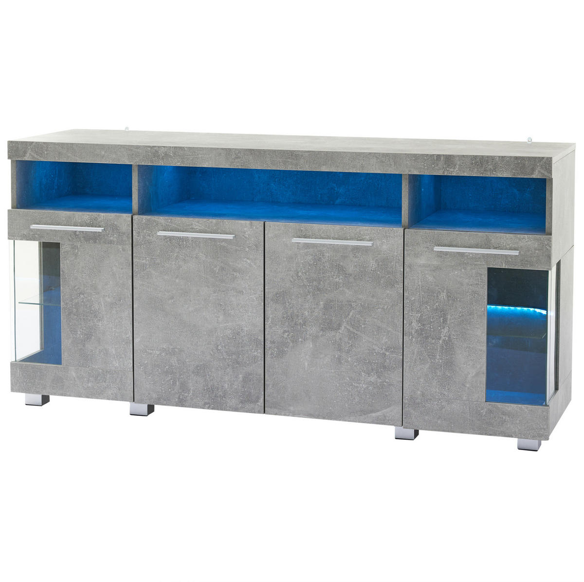 SIDEBOARD, 140/40/70 cm, MDF a tvrzené sklo, cementově šedé, s LED osvětlením - šedá, kompozitní dřevo (140/70/40cm) - BEAOK