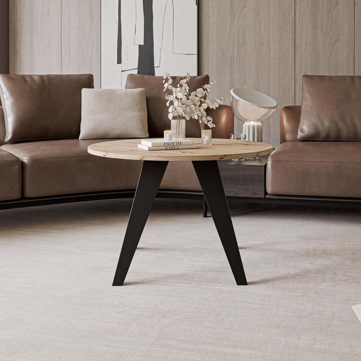 COUCHTISCH FRESCO 75/50 cm runden, Schwarz / Artisan-Eiche - Schwarz/Eiche Artisan, Metall (75/75/50cm) - Idohome