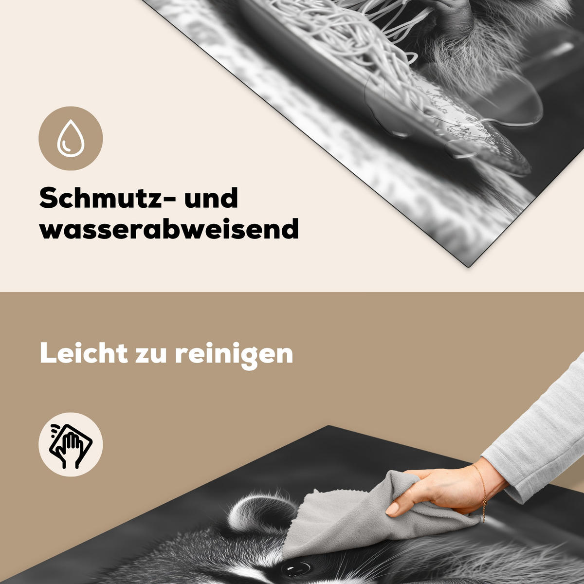 HERDABDECKPLATTE Waschbär - Niedlich - Pasta - Tischtuch - Schwarz - Weiß Induktionsmatte 78x78 cm - Grau, Kunststoff (78/78/0.2cm) - MuchoWow