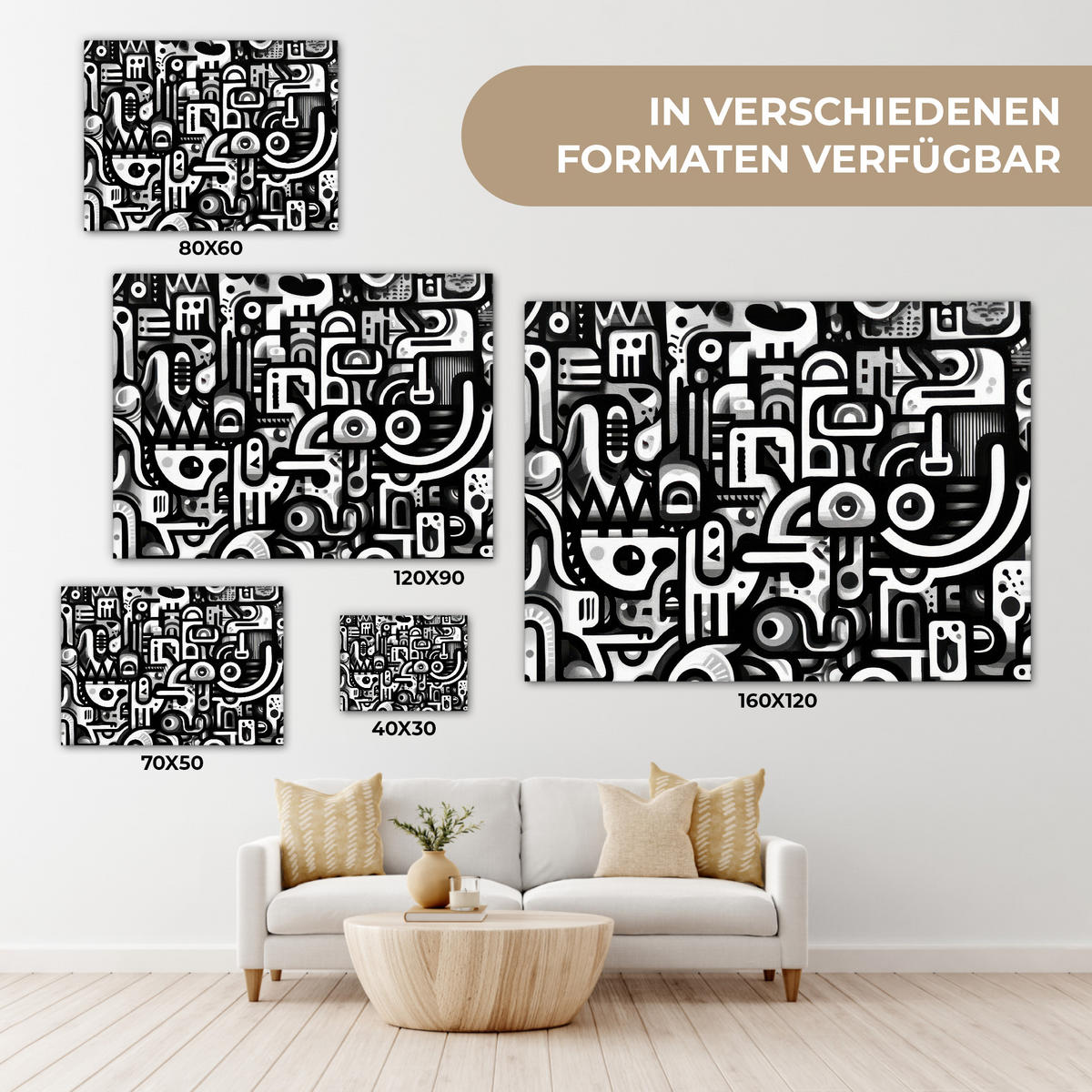 LEINWANDBILD Symbole - Abstrakt - Grafik - Schwarz Wandbilder 80x60 cm - Schwarz, Textil (80/60cm) - MuchoWow