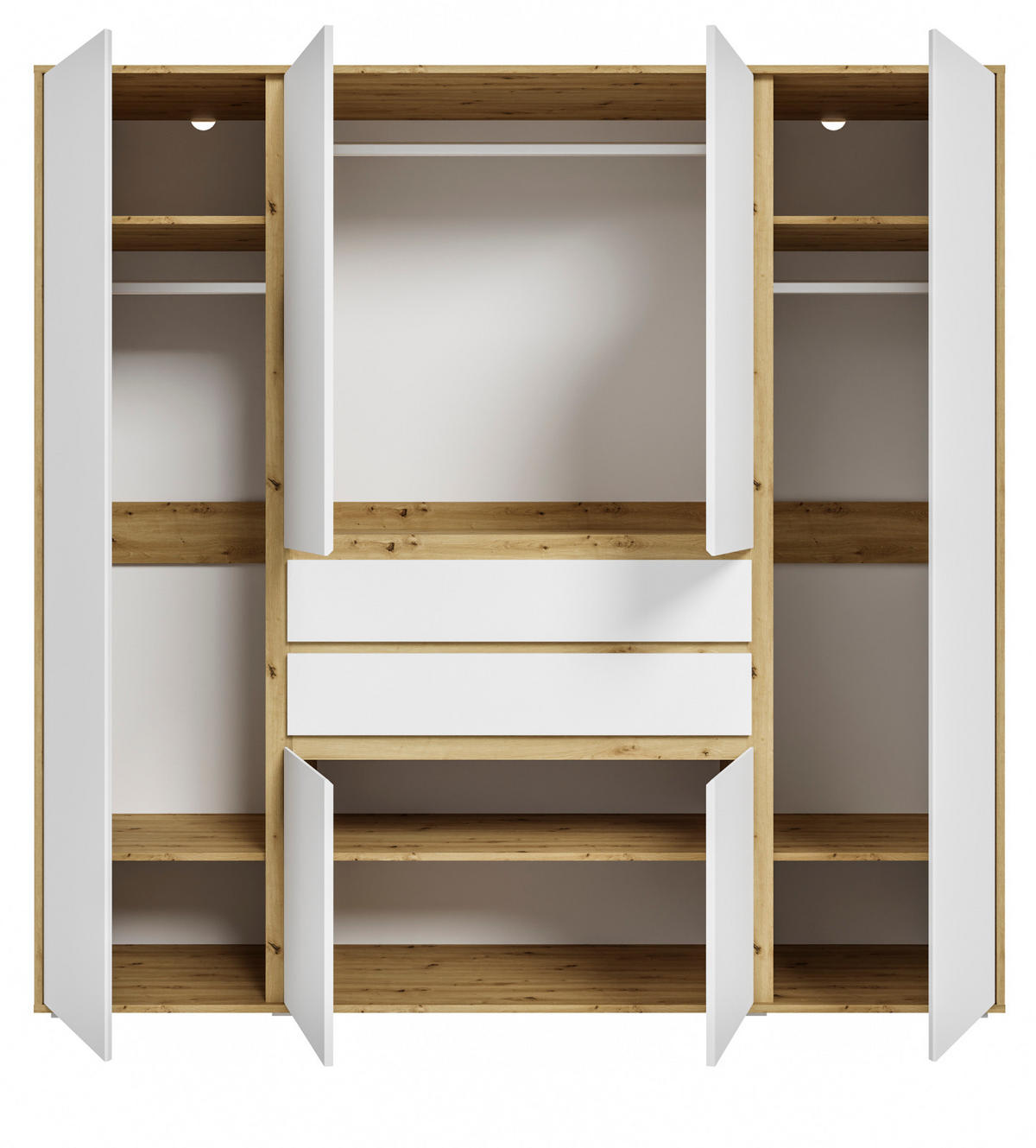 KLEIDERSCHRANK weiß, Eiche Artsian 197 x 194 cm, Drehtürenschrank 6-türig - Silberfarben/Weiß, Holzwerkstoff/Kunststoff (197/194/56cm) - Inn.Furn