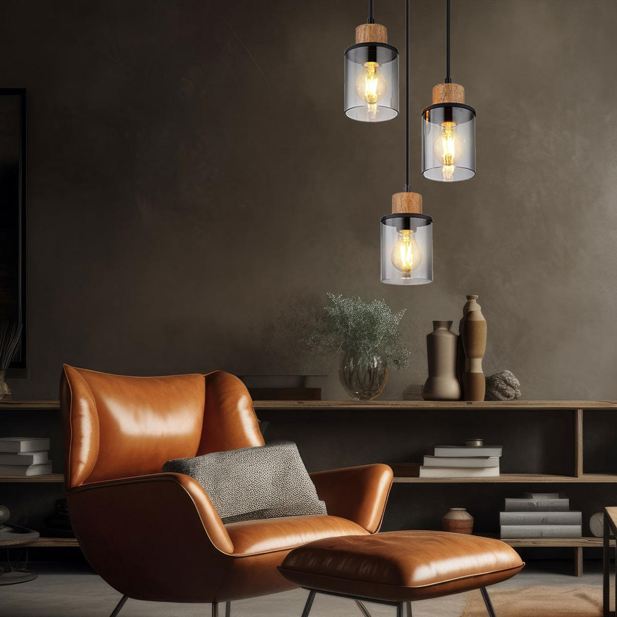 LED HÄNGELEUCHTE Metall Schwarz-matt Glas Rauchfarbe - Schwarz, Holz (27/27/120cm) - Globo Lighting