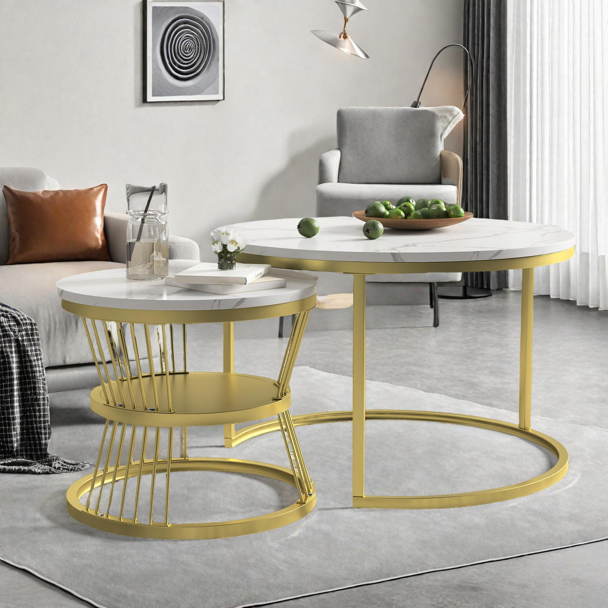 COUCHTISCH 2er Set Rund Industrial Design - Goldfarben, Holzwerkstoff (70/2/45.5cm) - SHOPENTRA