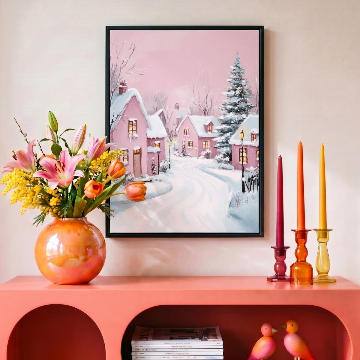 LEINWAND Bilder mit Rahmen - Weihnachtsdorf - Rosa - Winter - Schnee - Häuser - 30x40 - Altrosa, Textil (30/40cm) - MuchoWow