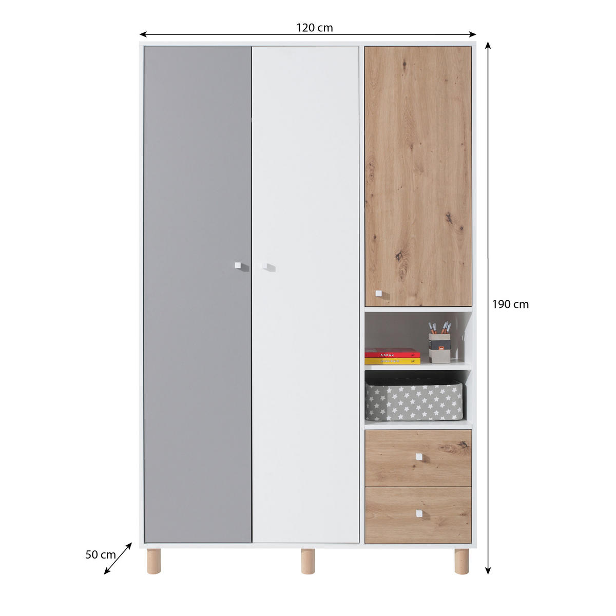 DREHTÜRENSCHRANK Figo mit 3 Türen und 2 Schubladen - Weiß/Eiche Artisan, Holzwerkstoff (120/190/50cm) - Beautysofa