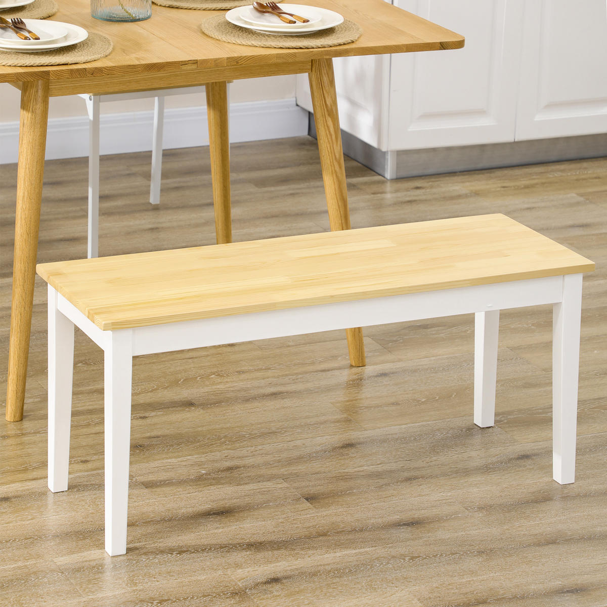 SITZBANK 2-Sitzer Essbank Holzbank, Küchenbank für Eingang bis 220 kg belastbar - Naturfarben/Weiß, Holz (36/45/102cm) - HOMCOM