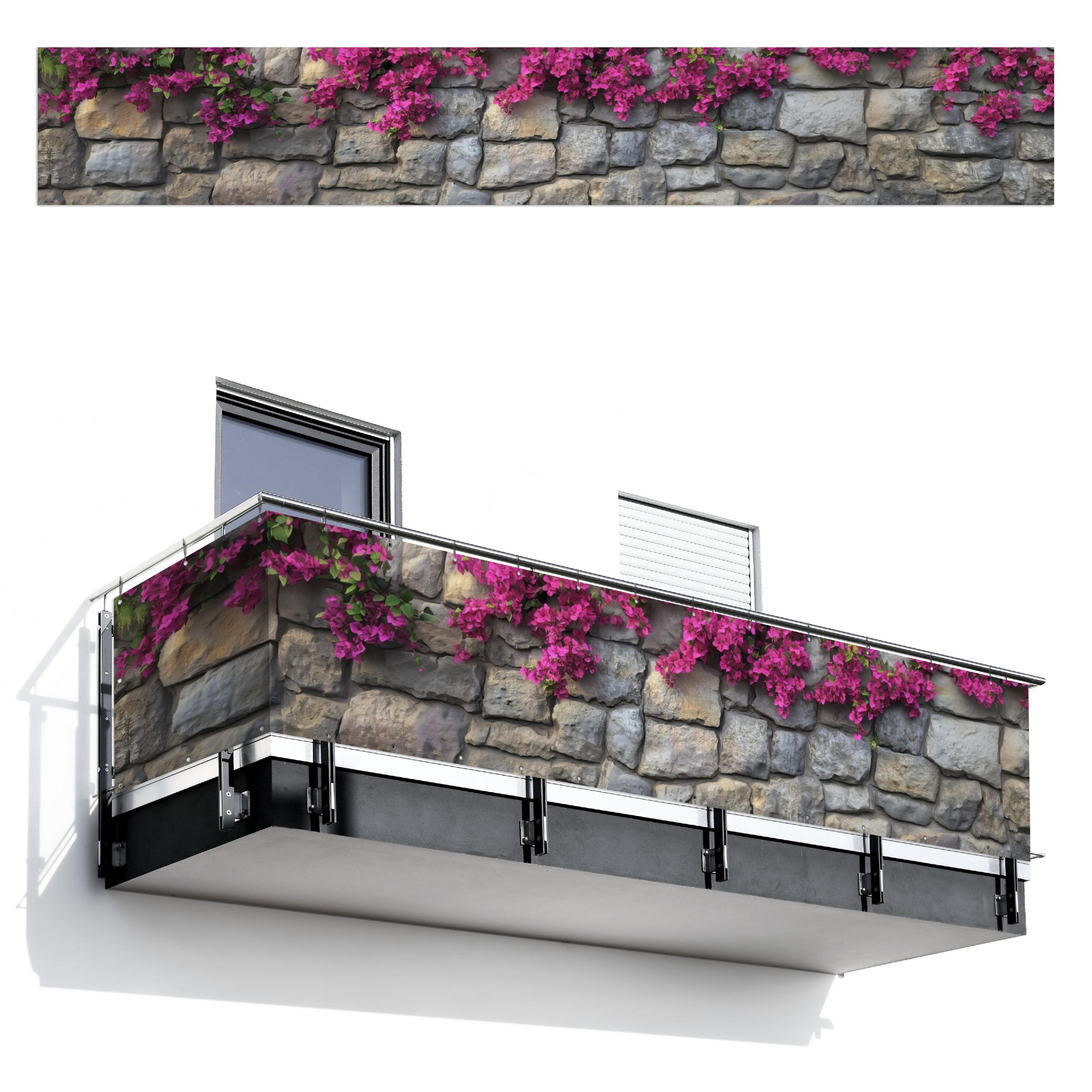 BALKON-SICHTSCHUTZ Bougainvillea - Steinmauer - Rosa - Magenta, Kunststoff (500/80cm) - MuchoWow