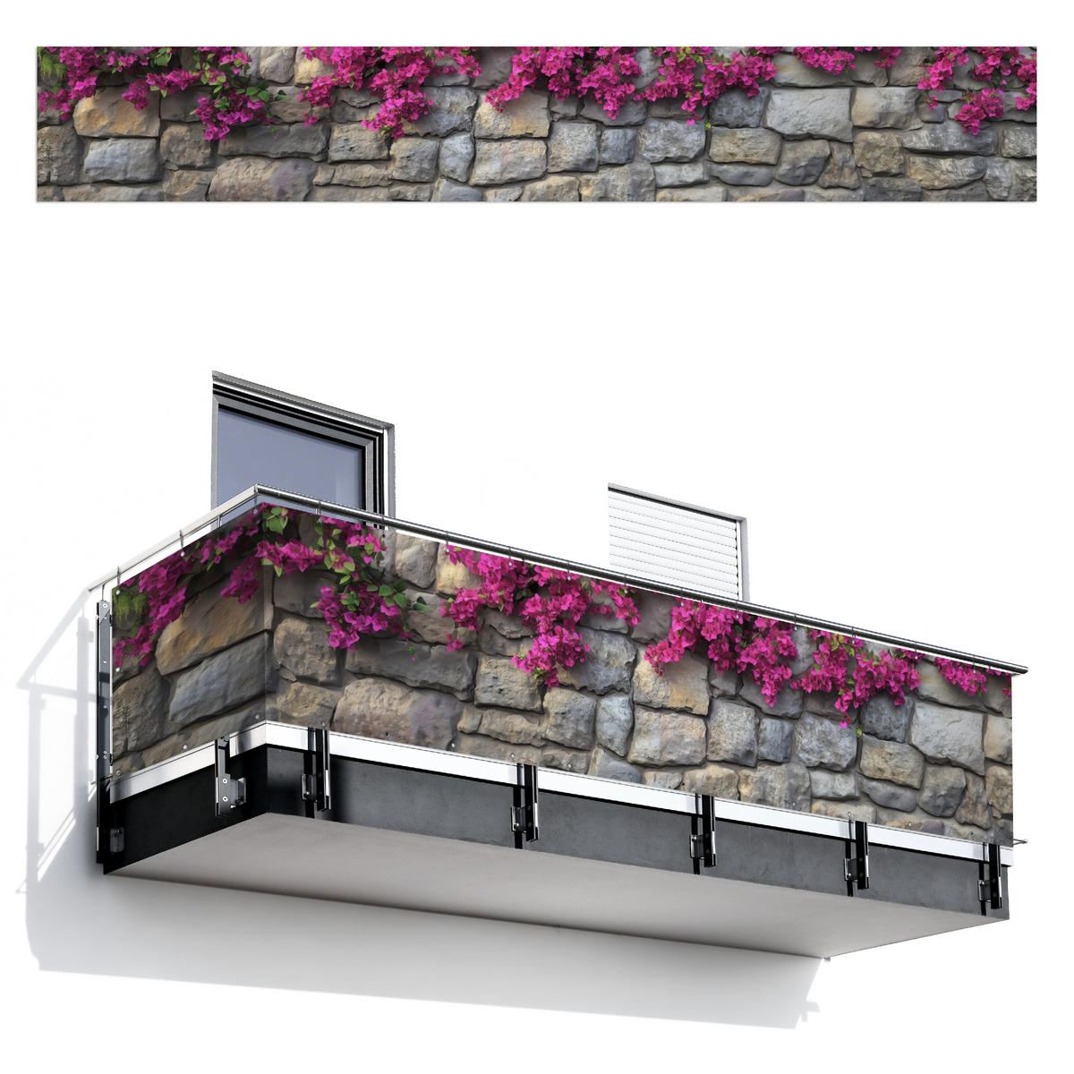 BALKON-SICHTSCHUTZ Bougainvillea - Steinmauer - Rosa - Magenta, Kunststoff (500/75cm) - MuchoWow