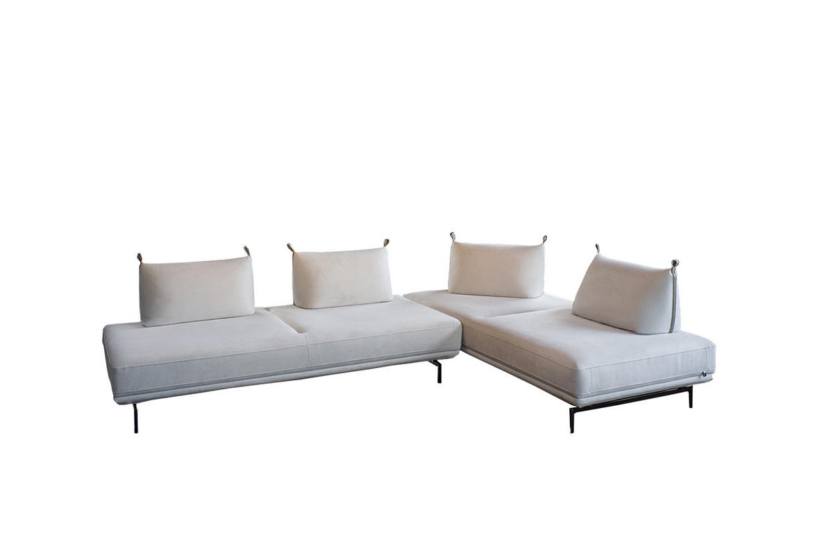 ECKSOFA CANE Cremeweiß Webstoff - Creme/Schwarz, Textil/Metall (310/210cm) - KAWOLA