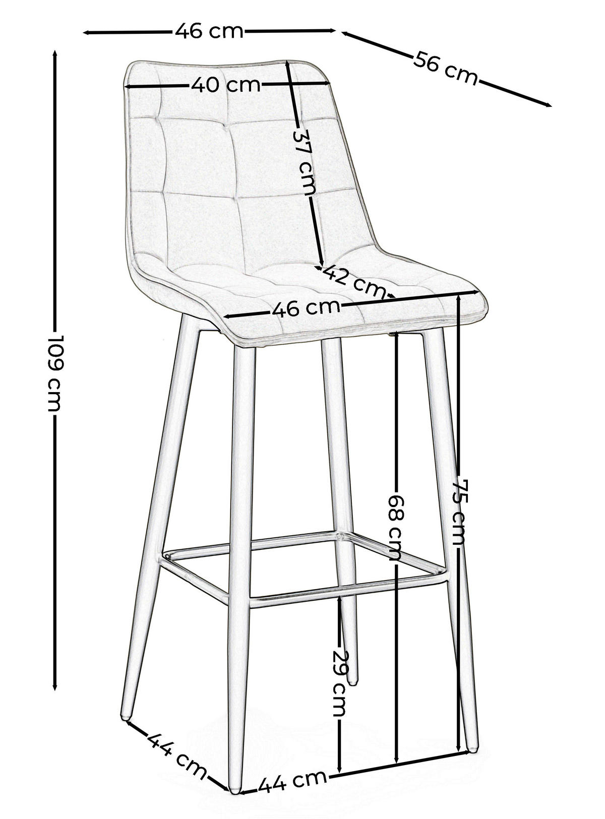 BARHOCKER CHIC gespolsterter mit Steppung - beige - Samt Velours - Beige/Schwarz, Textil/Metall (46/109/56cm) - NEW HOME
