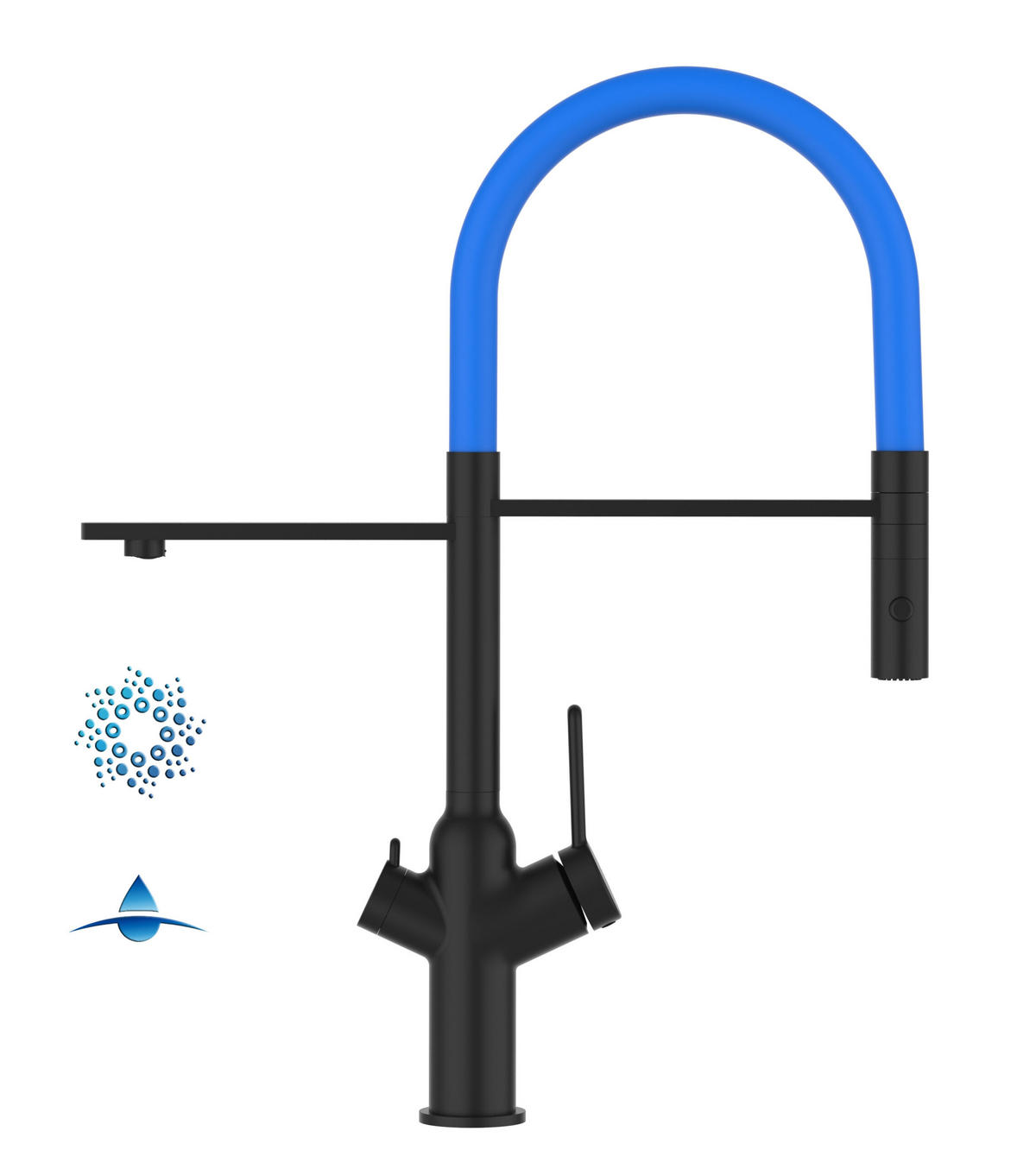 4-WEGE-KÜCHENARMATUR, Schwarz Matt und Hellblau, 2-Strahl-Brause - Schwarz, Metall (20.61/48/20.61cm) - VIZIO