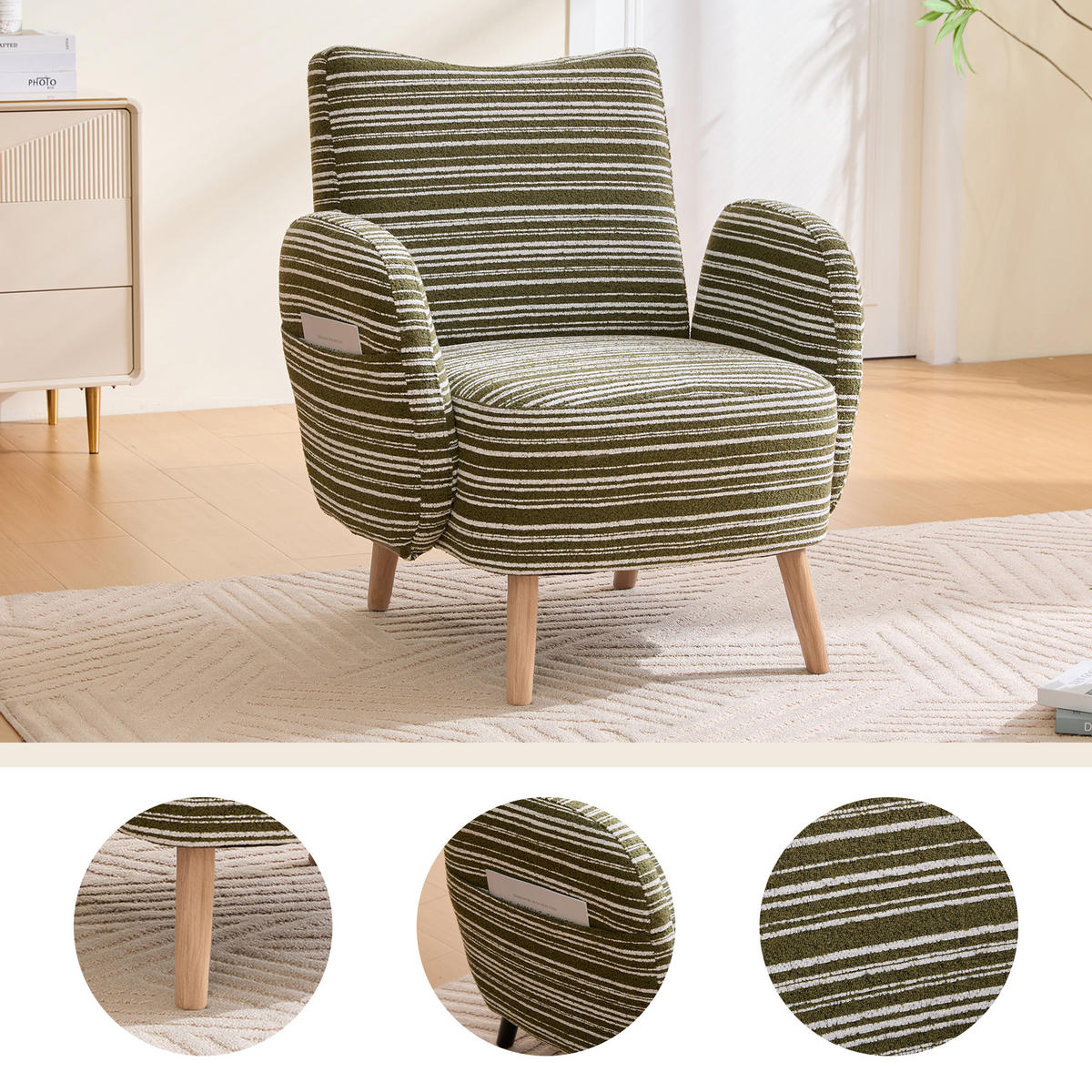 SESSEL Bouclé Olivgrün mit Seitentasche - Olivgrün, Holzwerkstoff/Textil (77/87/81cm) - WISHDOR