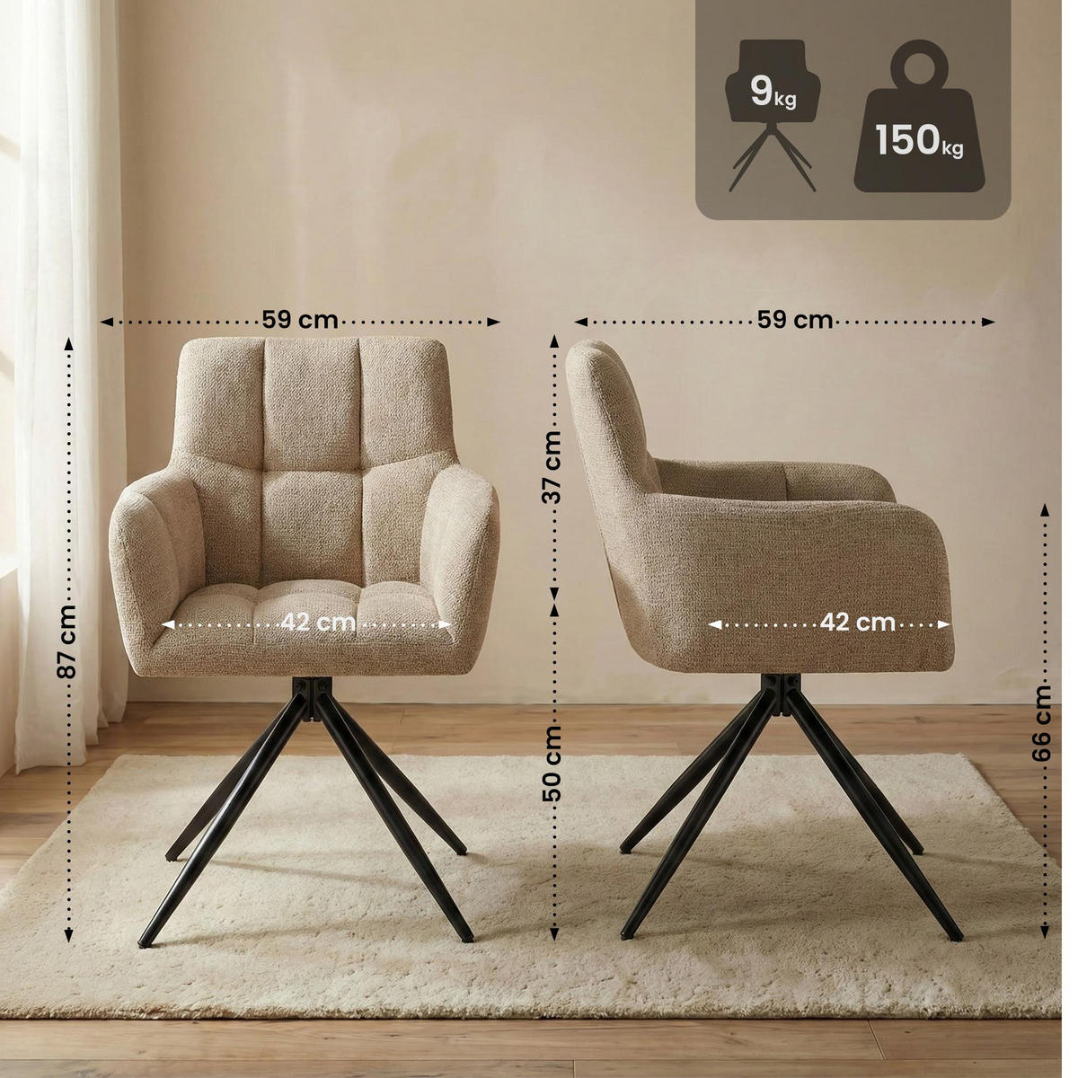 ARMLEHNENSTUHL Stoff Hellbraun - Hellbraun/Schwarz, Textil/Metall (59/87/59cm) - CLP