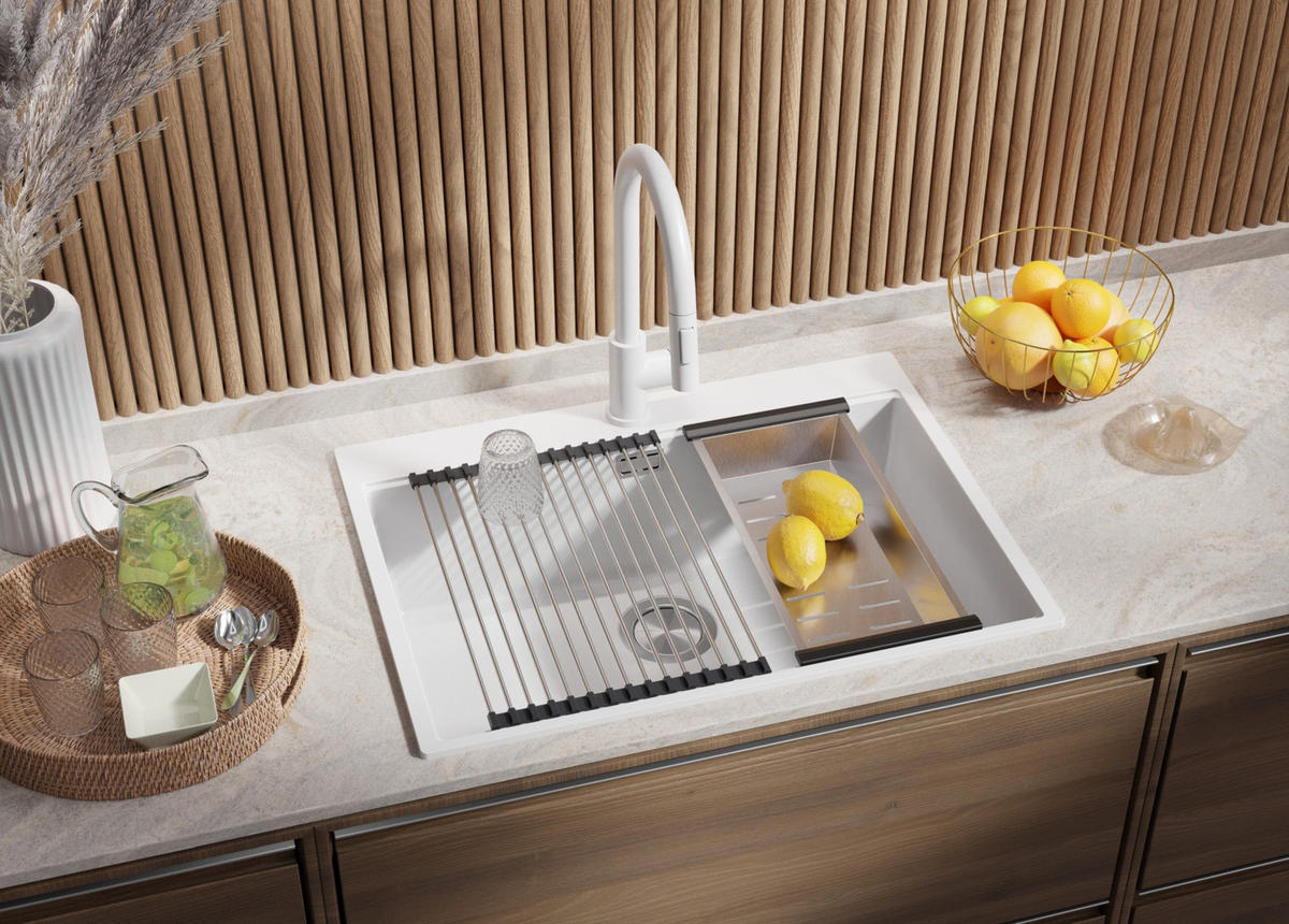 GRANITSPÜLE Oslo, 2-er set Alles Weiß 68/50 cm 1 Becken + Küchenarmatur 38/14 cm + Ablauf-Set + Schneidebrett ab 70er Unterschrank - Beige/Weiß, Kunststoff (68/20/50cm) - Primagran