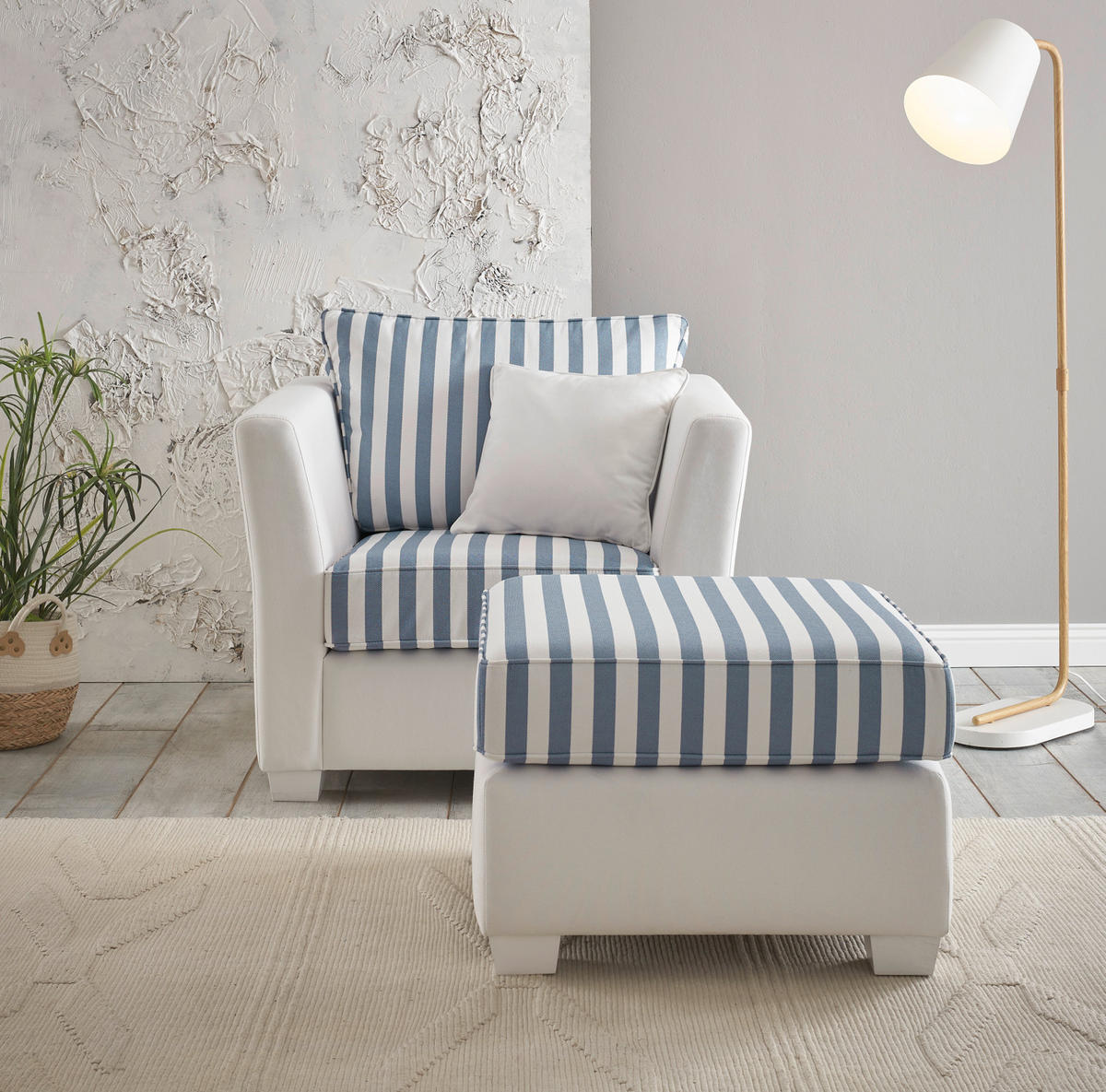 SESSEL creme blau gestreift, Landhaus 95 cm, Loungesessel Set inklusive Hocker - Blau/Creme, Holz/Textil (95/88/161cm) - Furn.Design