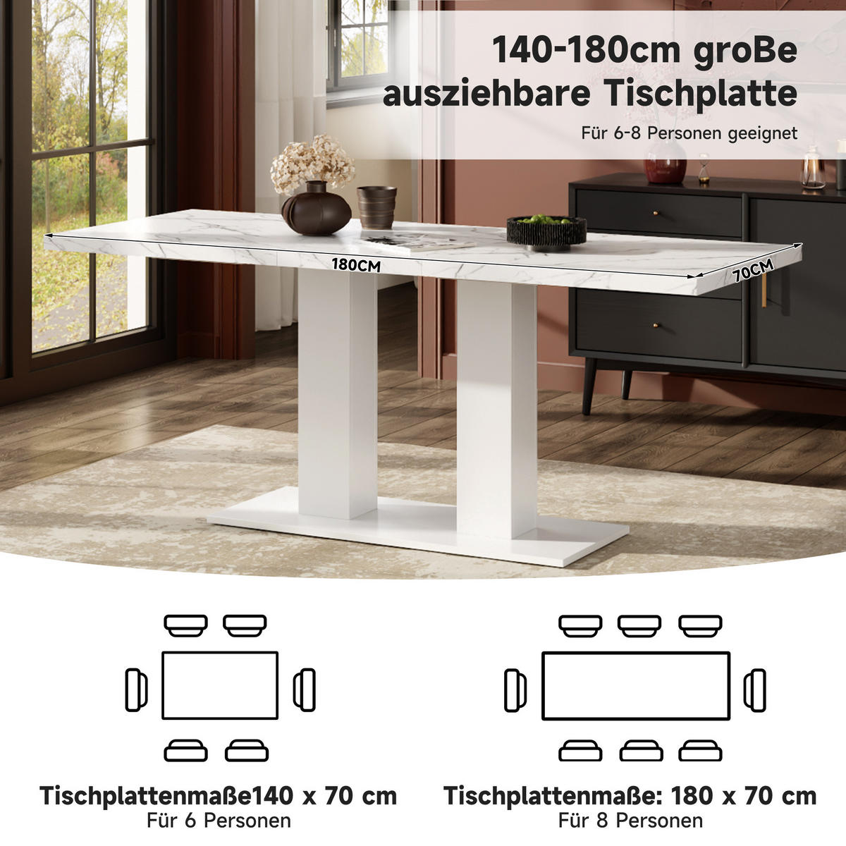 ESSTISCH, 6-8 Personen, Ausziehbar, 140/180x70cm, Weiß - Weiß, Holzwerkstoff (180/70/75cm) - FLIEKS