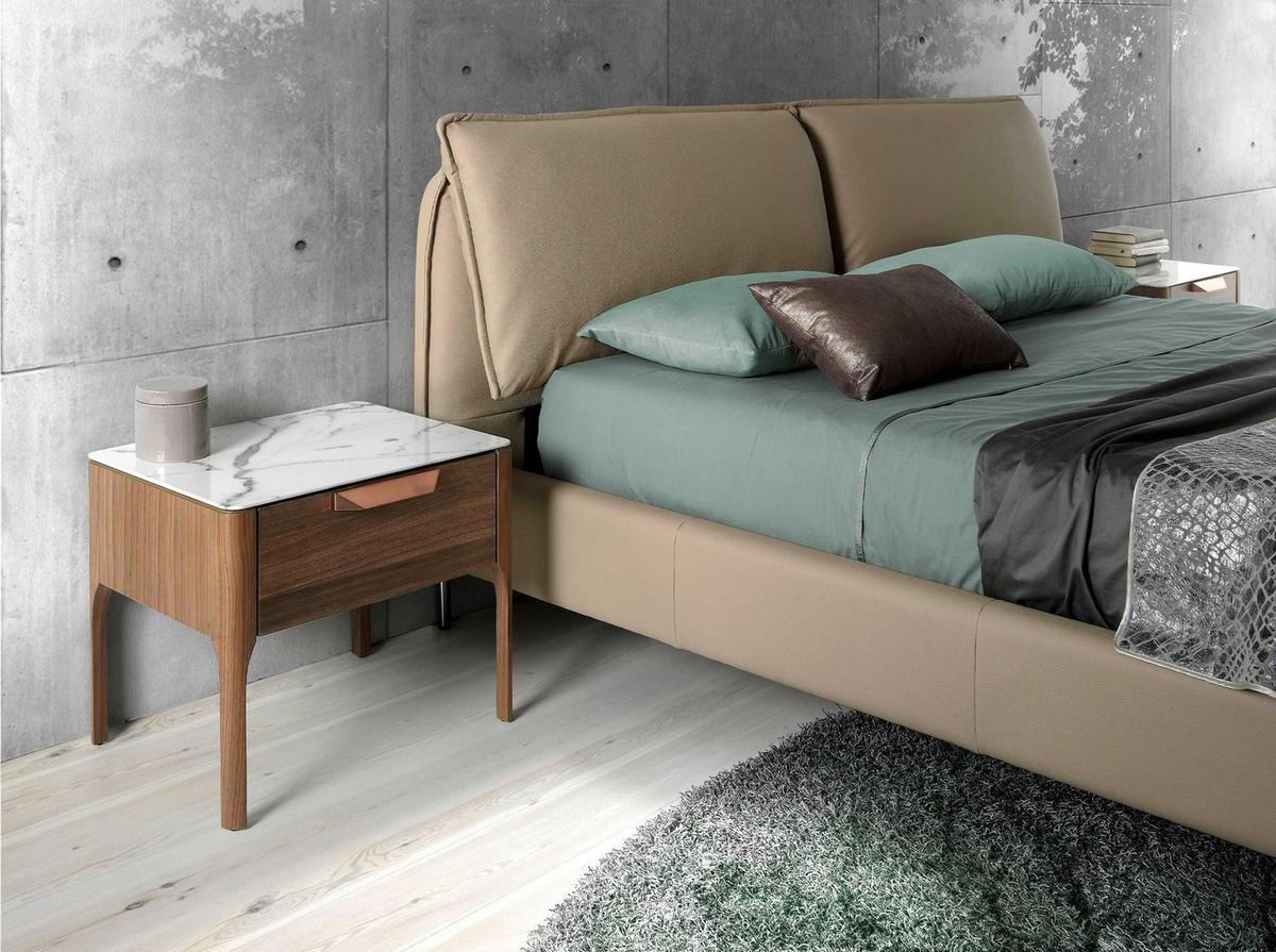 NACHTSCHRANK Nachttisch aus Nussbaumholz mit Glasplatte aus Marmorimitat und Innenbeleuchtung 55/40/44 cm - Nussbaumfarben/Weiß, Holz/Stein (55/44/40cm) - ANGEL CERDA