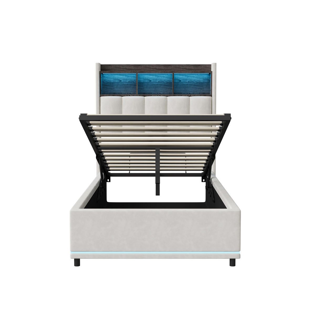 POLSTERBETT 90/200 cm Weiß mit hydraulischem Stauraum, LED-Kopfteil mit Ablage und USB-Anschluss - Weiß, Metall (90/200cm) - EuroLiving