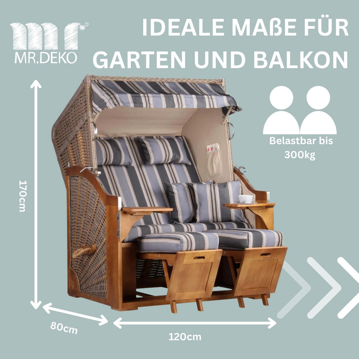 STRANDKORB Schleswig Pinie 2-Sitzer - Pastellblau/Braun, Holz (120/160/80cm) - Mr. Deko