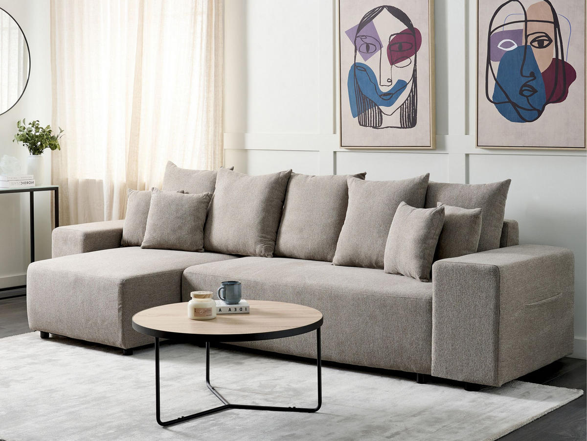 3-SITZER-ECKSOFA taupe linksseitig mit Schlaffunktion Stauraum Luspa - Schwarz/Braun, Textil (294/130cm) - Beliani