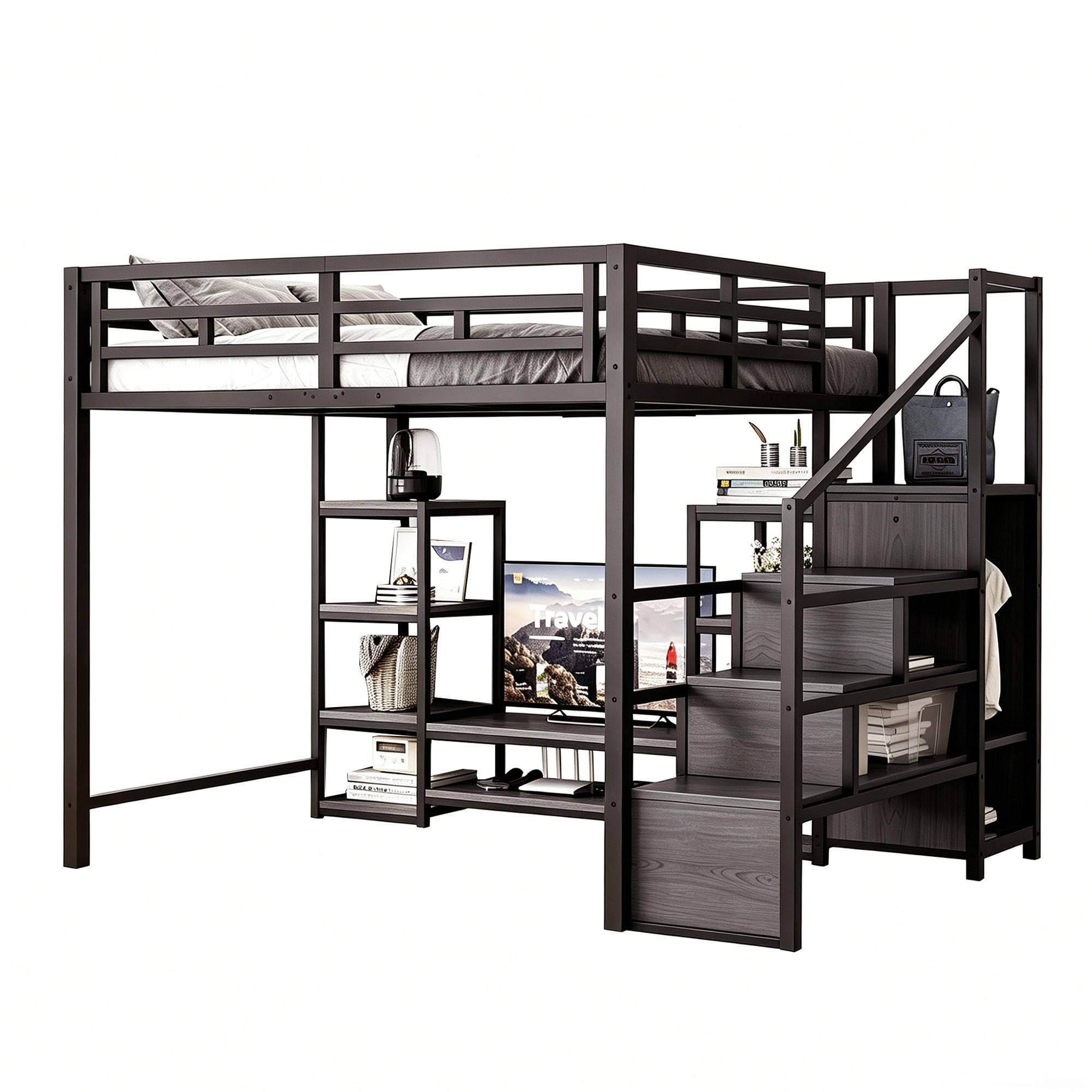 HOCHBETT 140/200 cm in Schwarz mit TV-Ständer, Steckdose und Leiter aus Metall - Schwarz, Holzwerkstoff/Metall (140/200cm) - CHICFURN